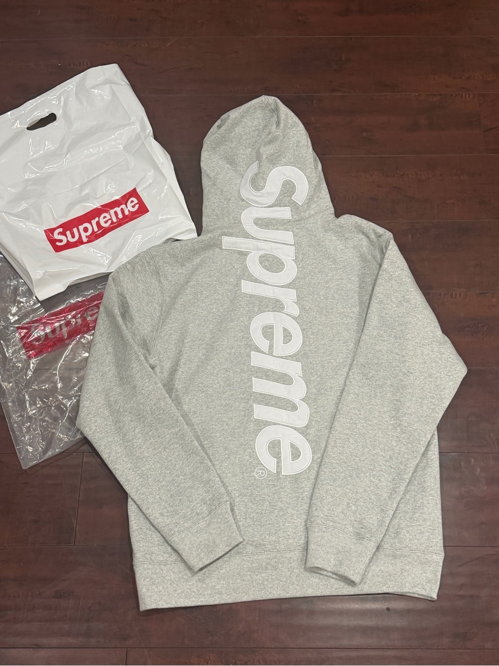 Supreme Gray Crewneck Sweatshirt with Vertical White Logo - Men